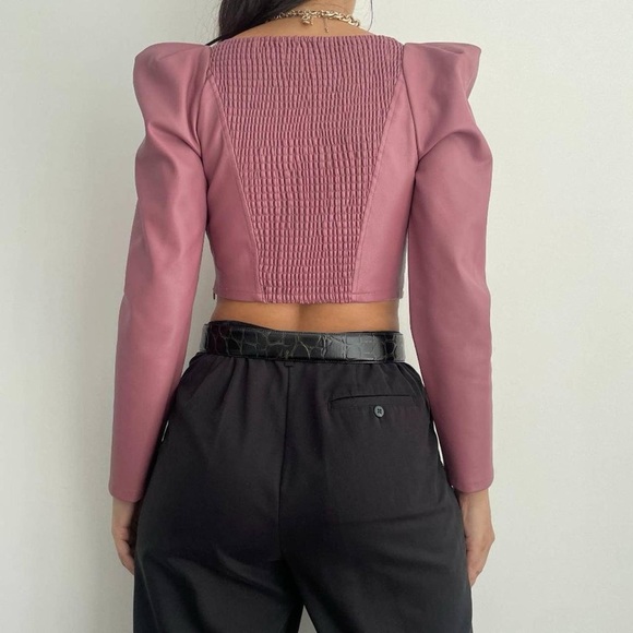 Zara Pink Faux Leather Puff Sleeve Crop Top in Marsala Pink - Picture 3 of 8